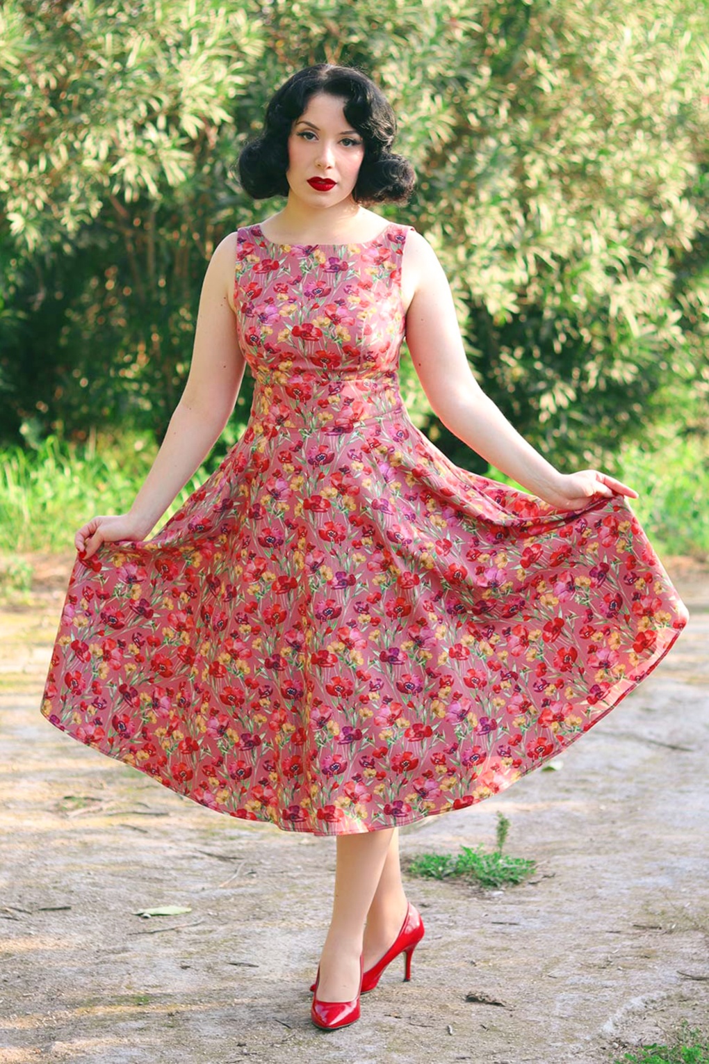 Ania bloemen swing jurk in mauve rood
