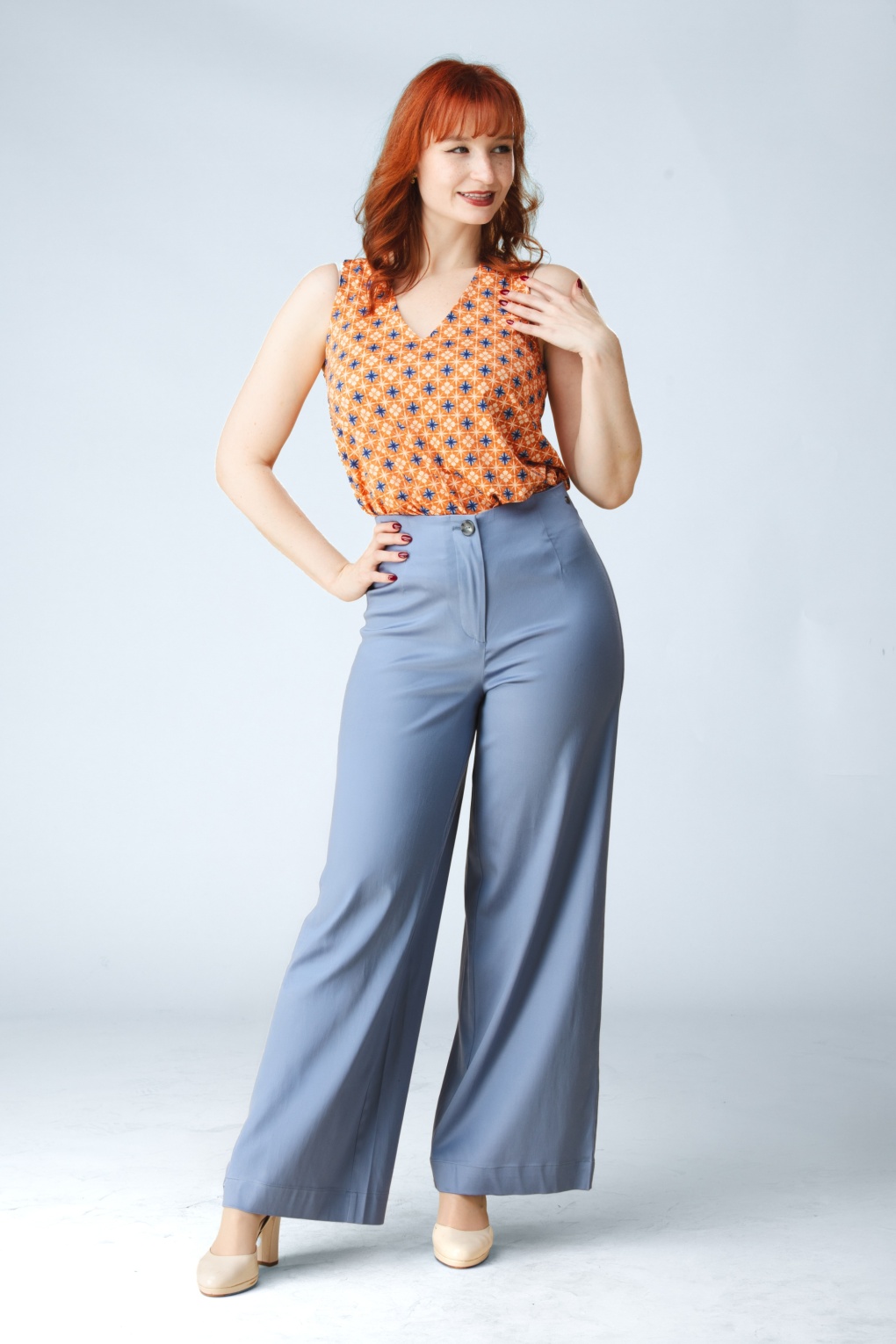 Rori pantalon met wijde pijpen in dusty blauw