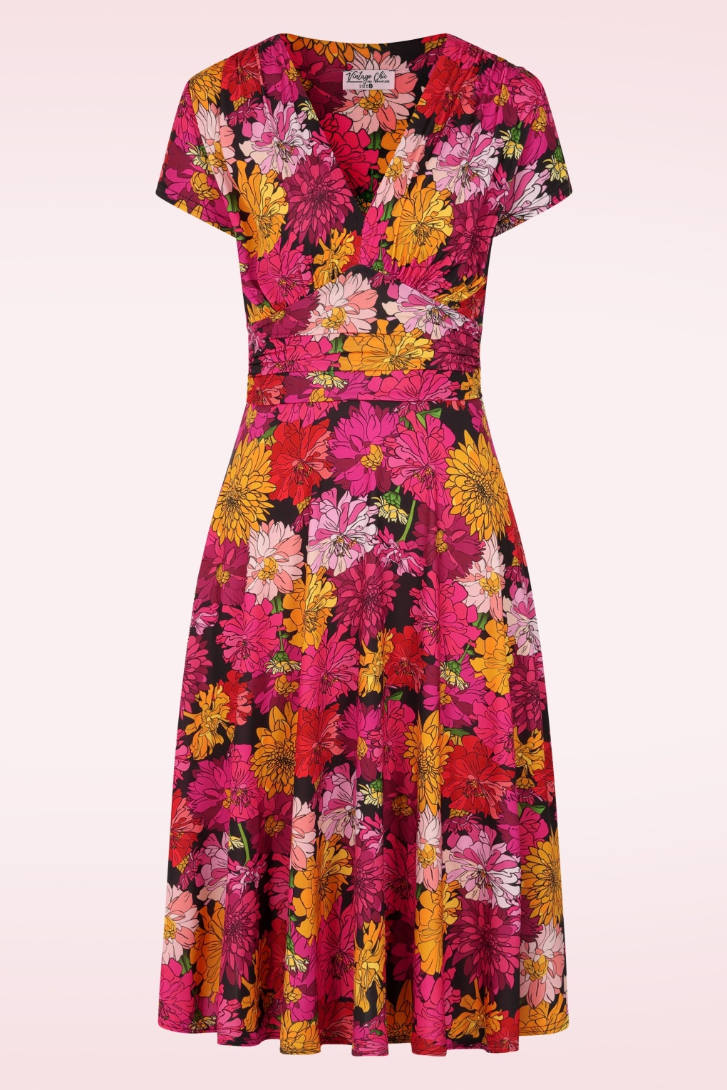 Topvintage exclusive ~ Sarah Flower slinky swing jurk in roze en multi