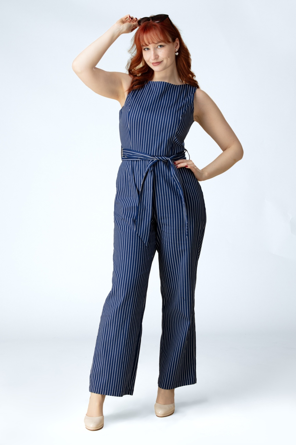 Topvintage Exclusive ~ Lara Striped jumpsuit in marineblauw en wit